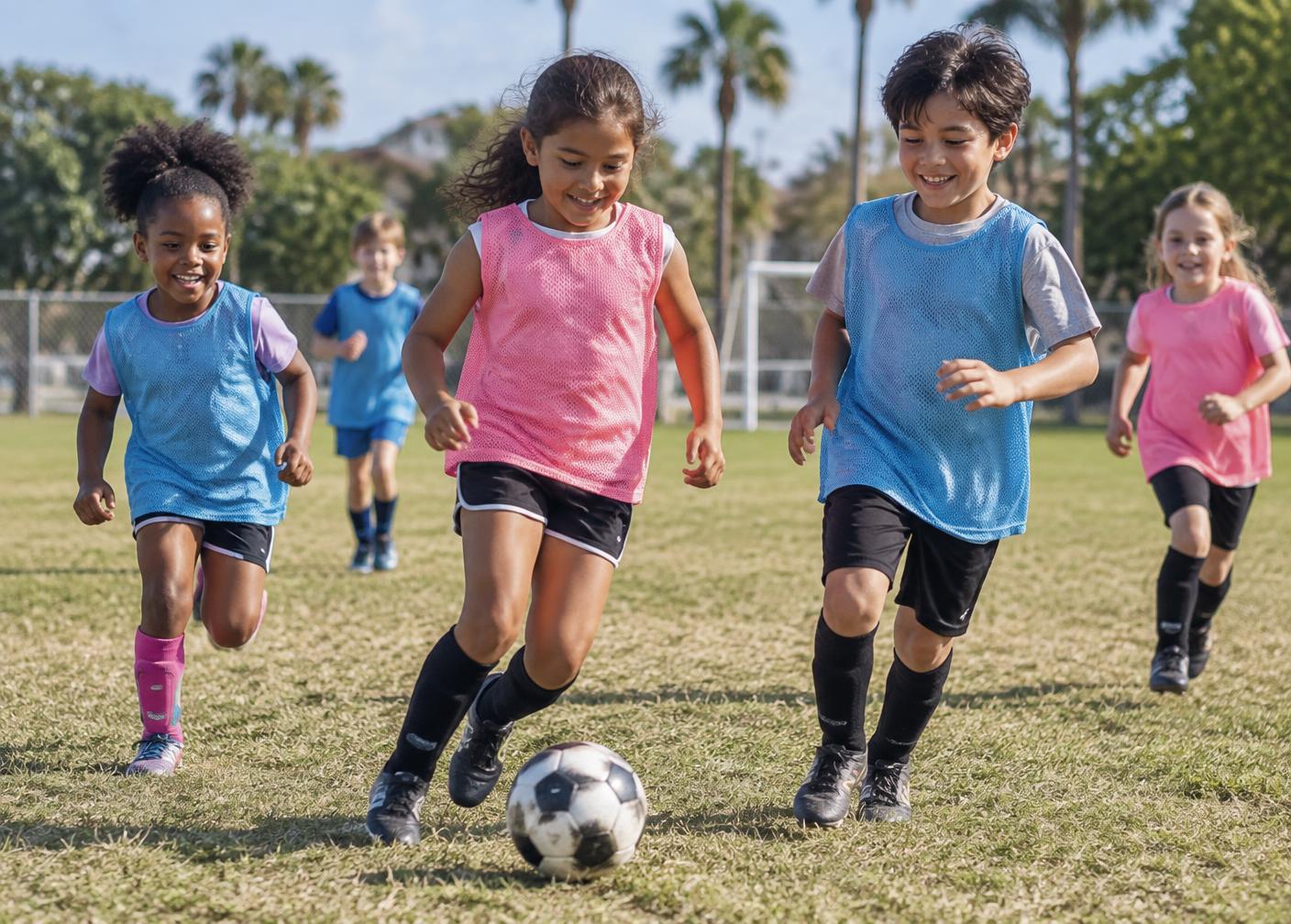 Kids playing recreational soccer on a park field in Rockledge